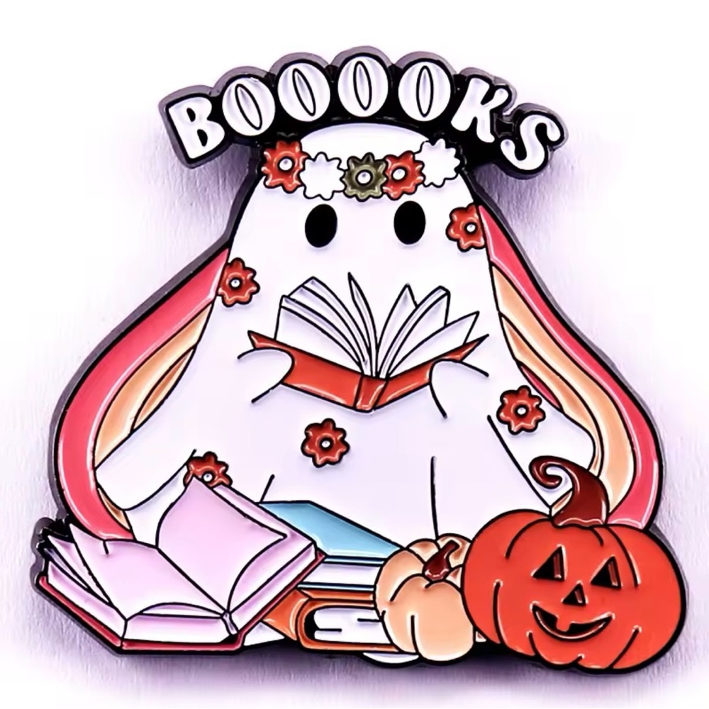 Adorable Ghost with Flower Crown & Books Enamel Pin - Halloween Special